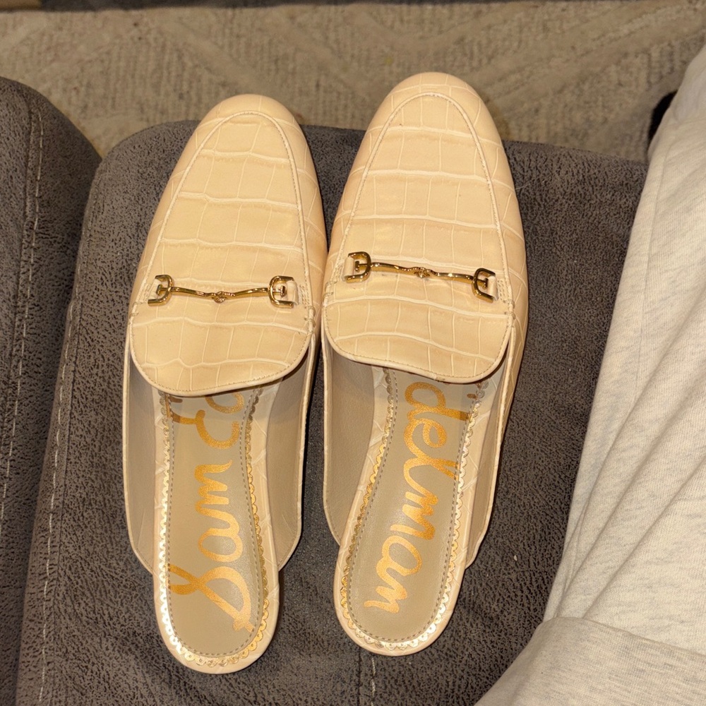 Sam Edelman Cream Croc-Embossed Slip-On Mules with Gold Bit
